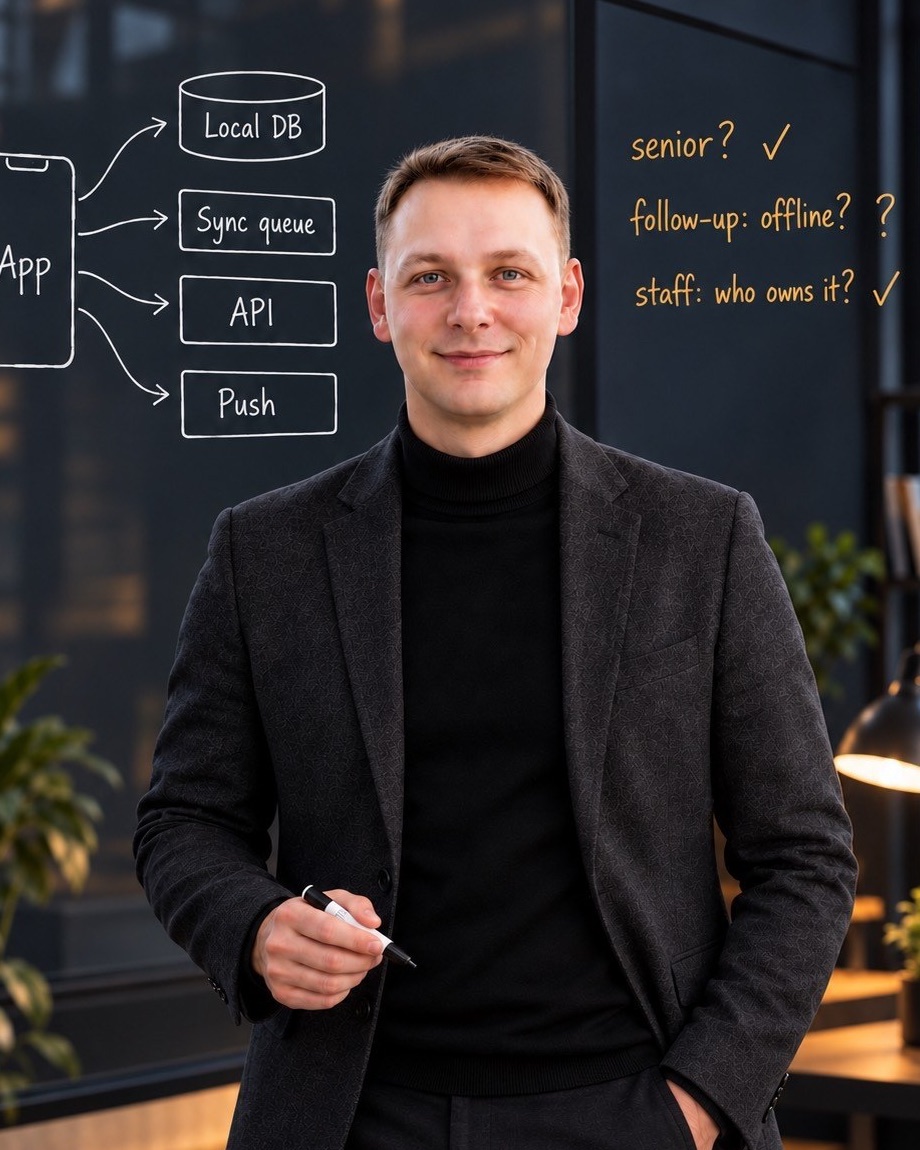 Mike Salari at a whiteboard with a mobile system design sketch and interview notes